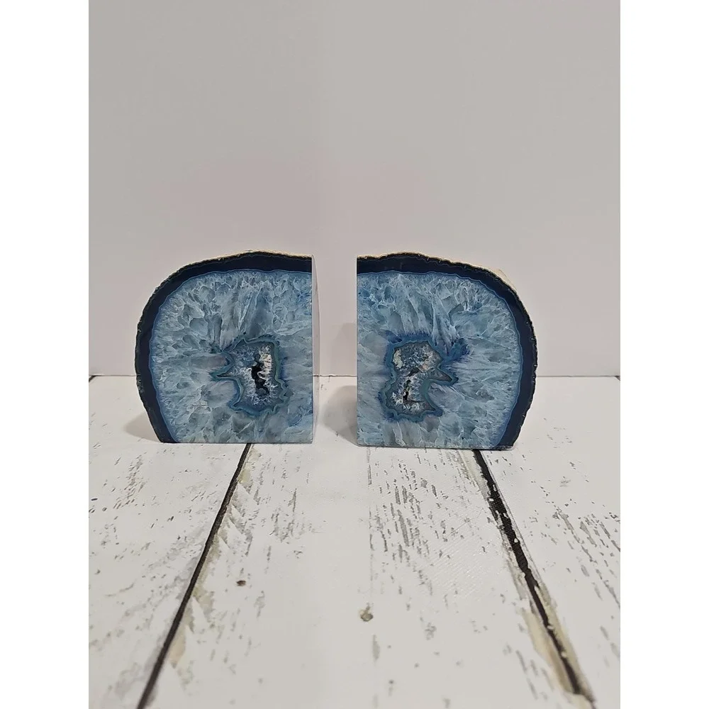 Blue Polished Geode Agate Quartz Natural Stone Bookends PAIR